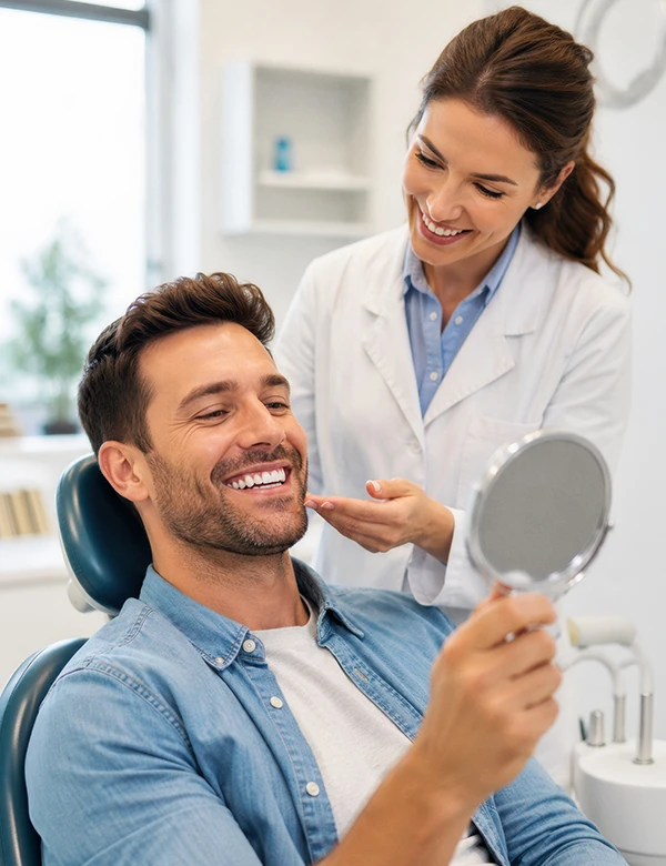 Dentist and Man Smiling Staring at Mirror